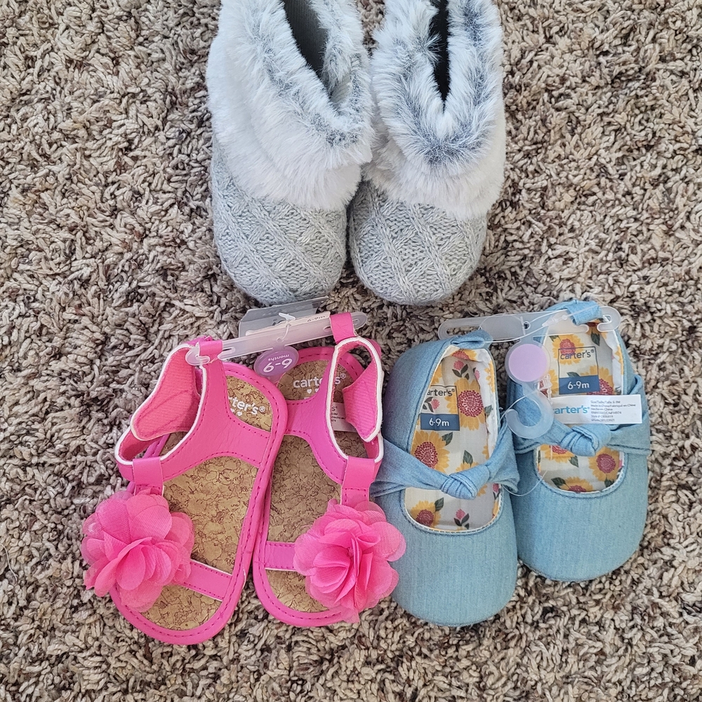 Carter's Pink Sandals, Blue Flats, and Gray Slippers Set